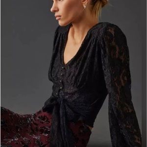By Anthropologie Balloon-Sleeve Blouse Black Lace Wrap around waist Small S30